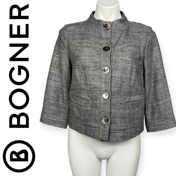 BOGNER Silk Tweed Boucle Blazer Jacket Gray Brown Cropped Bolero 3/4 Sleeve US 8 - Picture 2 of 16
